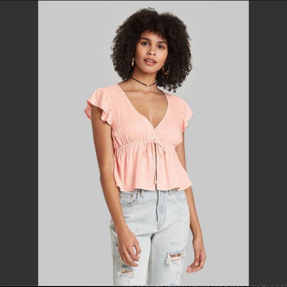 Women Flutter Sleeve V-Neck Tie Front Flyaway Top